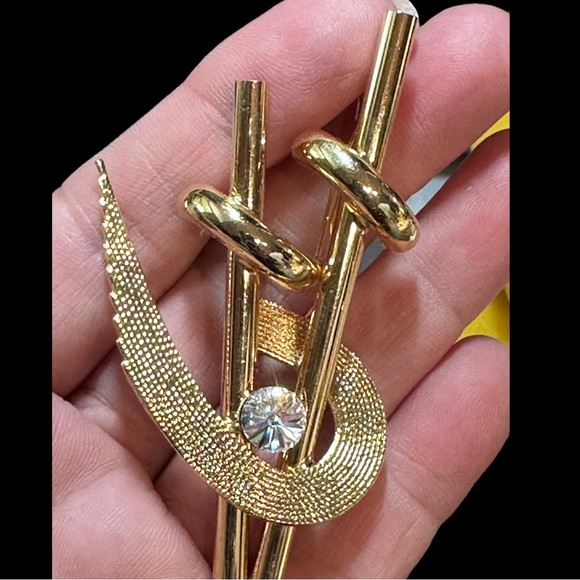 💋 4 FOR $50 / Vintage Abstract Design Goldtone Rhinestone Brooch - Picture 4 of 10